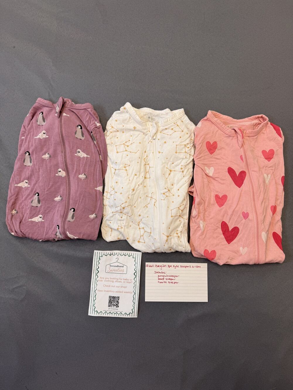 Kyte Baby 3-Piece Zip Sleeper Lot 6-12M - Penguins, Stars & Hearts #660